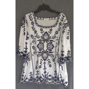 Kindred Womens 3X Embroidered Boho Blouse White Navy Blue Floral Peasant Rayon